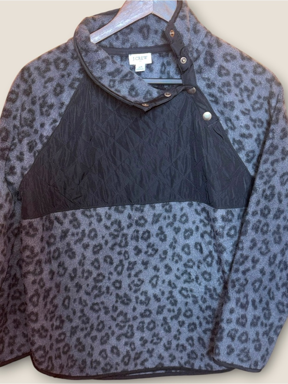 J. Crew Women's Gray Leopard Print Quilted Fleece Button Pullover